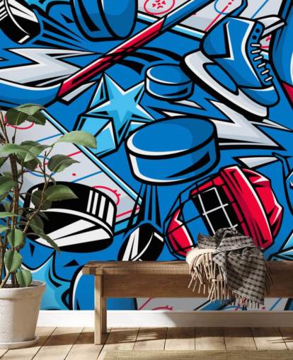 blue and red hockey wall mural called Hockey Cartoon for kids bedrooms, hockey clubs and schools