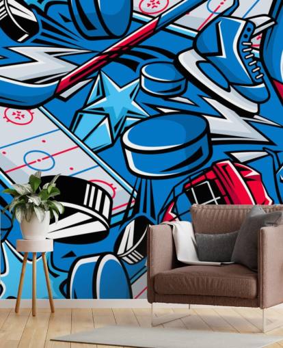 blue and red hockey wall mural called Hockey Cartoon for kids bedrooms, hockey clubs and schools blue and red hockey wall mural called Hockey Cartoon for kids bedrooms, hockey clubs and schools