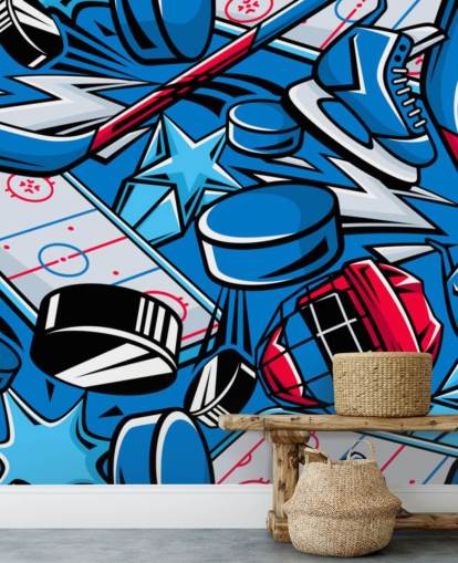 blue and red hockey wall mural called Hockey Cartoon for kids bedrooms, hockey clubs and schools