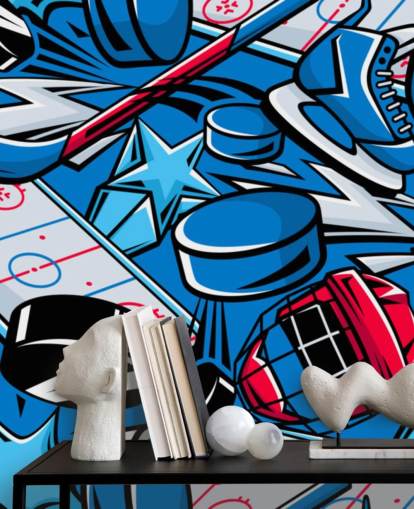 blue and red hockey wall mural called Hockey Cartoon for kids bedrooms, hockey clubs and schools