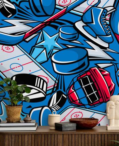 blue and red hockey wall mural called Hockey Cartoon for kids bedrooms, hockey clubs and schools