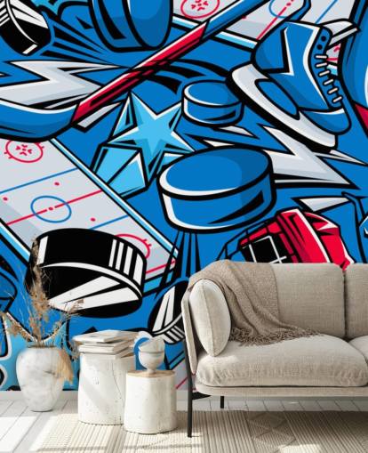 blue and red hockey wall mural called Hockey Cartoon for kids bedrooms, hockey clubs and schools
