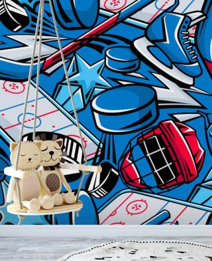 sininen ja punainen jääkiekkoseinämaalaus nimeltä Hockey Cartoon lasten makuuhuoneisiin, jääkiekkoseuroihin ja kouluihin sininen ja punainen jääkiekkoseinämaalaus nimeltä Hockey Cartoon lasten makuuhuoneisiin, jääkiekkoseuroihin ja kouluihin