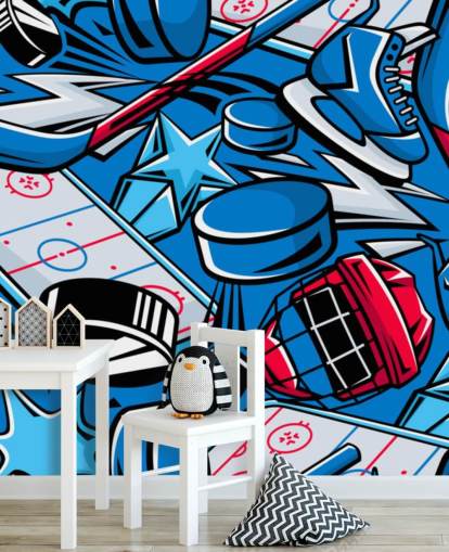 blue and red hockey wall mural called Hockey Cartoon for kids bedrooms, hockey clubs and schools