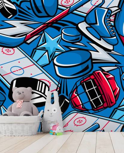 blue and red hockey wall mural called Hockey Cartoon for kids bedrooms, hockey clubs and schools