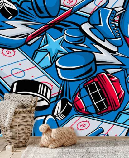 blue and red hockey wall mural called Hockey Cartoon for kids bedrooms, hockey clubs and schools