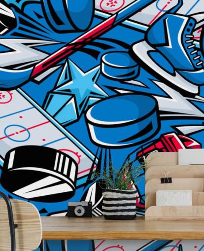 blue and red hockey wall mural called Hockey Cartoon for kids bedrooms, hockey clubs and schools blue and red hockey wall mural called Hockey Cartoon for kids bedrooms, hockey clubs and schools