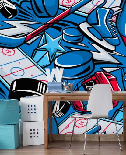 fresque murale de hockey bleue et rouge appelée Hockey Cartoon pour les chambres d'enfants, les clubs de hockey et les écoles fresque murale de hockey bleue et rouge appelée Hockey Cartoon pour les chambres d'enfants, les clubs de hockey et les écoles