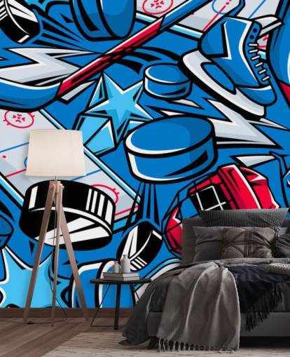 blue and red hockey wall mural called Hockey Cartoon for kids bedrooms, hockey clubs and schools