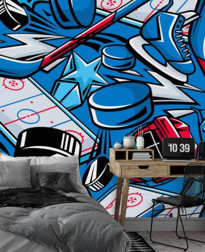 blue and red hockey wall mural called Hockey Cartoon for kids bedrooms, hockey clubs and schools