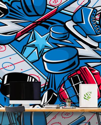 fresque murale de hockey bleue et rouge appelée Hockey Cartoon pour les chambres d'enfants, les clubs de hockey et les écoles fresque murale de hockey bleue et rouge appelée Hockey Cartoon pour les chambres d'enfants, les clubs de hockey et les écoles