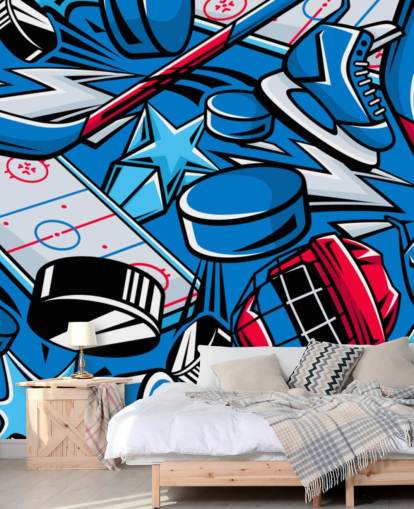 mural de parede de hóquei azul e vermelho chamado Hockey Cartoon para quartos infantis, clubes de hóquei e escolas mural de parede de hóquei azul e vermelho chamado Hockey Cartoon para quartos infantis, clubes de hóquei e escolas