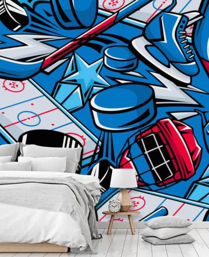 blue and red hockey wall mural called Hockey Cartoon for kids bedrooms, hockey clubs and schools