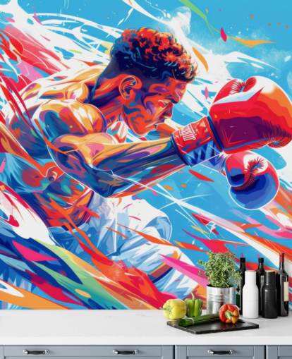 blå og rød boksningstapet vægmaleri kaldet Boxing Champ til boksecentre og teenagers soveværelser blå og rød boksningstapet vægmaleri kaldet Boxing Champ til boksecentre og teenagers soveværelser