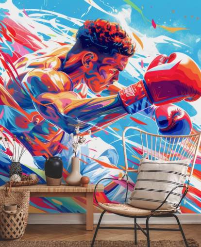 mural de papel de parede de boxe azul e vermelho chamado Boxing Champ para ginásios de boxe e quartos de adolescentes