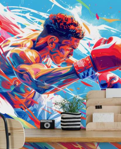 carta da parati murale blu e rossa chiamata Boxing Champ per palestre di boxe e camerette per ragazzi carta da parati murale blu e rossa chiamata Boxing Champ per palestre di boxe e camerette per ragazzi