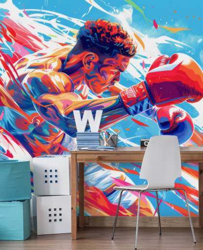 blauwe en rode boksbehangmuurschildering genaamd Boxing Champ voor boksscholen en tienerkamers