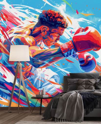 papier peint mural de boxe bleu et rouge appelé Boxing Champ pour les gymnases de boxe et les chambres d'adolescents