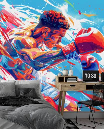 blå och röd boxningstapetväggmålning som heter Boxing Champ för boxningsgym och tonårings sovrum blå och röd boxningstapetväggmålning som heter Boxing Champ för boxningsgym och tonårings sovrum