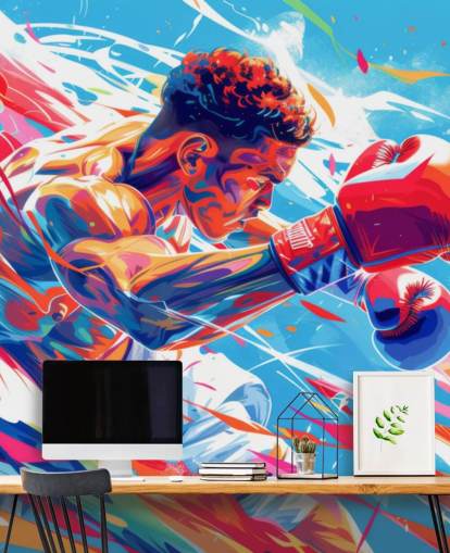 mural de boxeo azul y rojo llamado Boxing Champ para gimnasios de boxeo y dormitorios de adolescentes