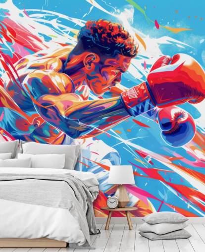blue and red boxing wallpaper mural called Boxing Champ for boxing gyms and teen's bedrooms