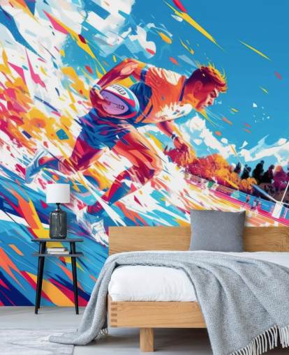 red and blue rugby wall mural called Rugby Sprint for teen's bedrooms and gyms