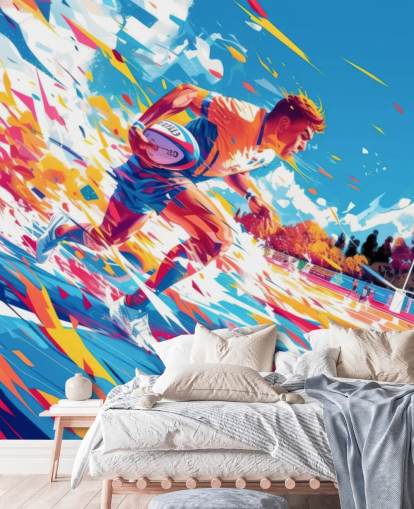 red and blue rugby wall mural called Rugby Sprint for teen's bedrooms and gyms