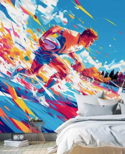 murale da parete rosso e blu chiamato Rugby Sprint per camere da letto e palestre per adolescenti