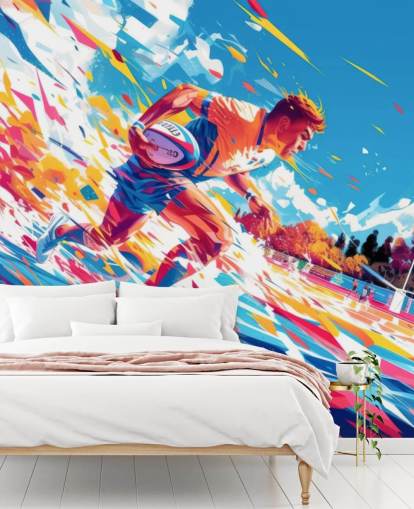 red and blue rugby wall mural called Rugby Sprint for teen's bedrooms and gyms