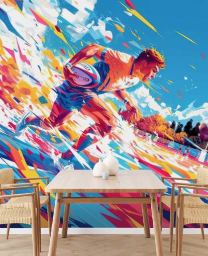 rode en blauwe rugbymuurschildering genaamd Rugby Sprint voor tienerkamers en sportscholen