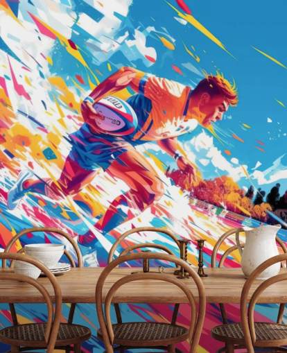 red and blue rugby wall mural called Rugby Sprint for teen's bedrooms and gyms