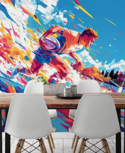 red and blue rugby wall mural called Rugby Sprint for teen's bedrooms and gyms