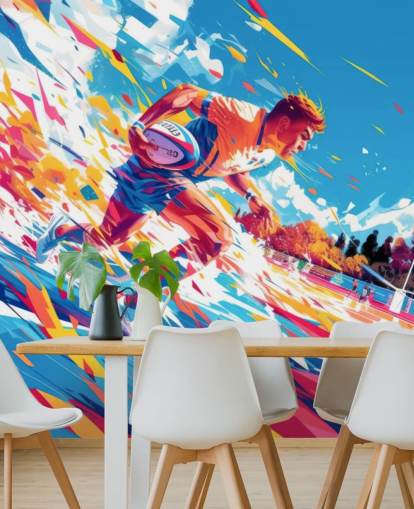 red and blue rugby wall mural called Rugby Sprint for teen's bedrooms and gyms