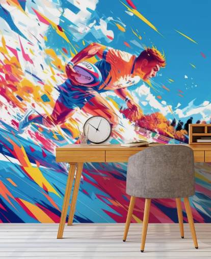 red and blue rugby wall mural called Rugby Sprint for teen's bedrooms and gyms