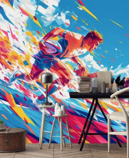 red and blue rugby wall mural called Rugby Sprint for teen's bedrooms and gyms