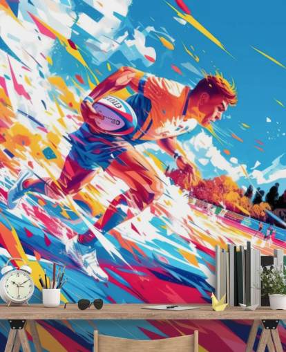 mural de pared de rugby rojo y azul llamado Rugby Sprint para dormitorios y gimnasios de adolescentes