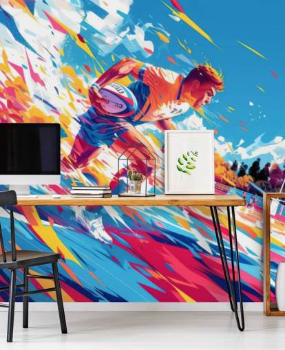 rotes und blaues Rugby-Wandbild namens Rugby Sprint für Jugendzimmer und Fitnessstudios