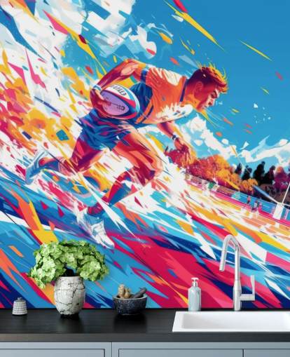 red and blue rugby wall mural called Rugby Sprint for teen's bedrooms and gyms red and blue rugby wall mural called Rugby Sprint for teen's bedrooms and gyms