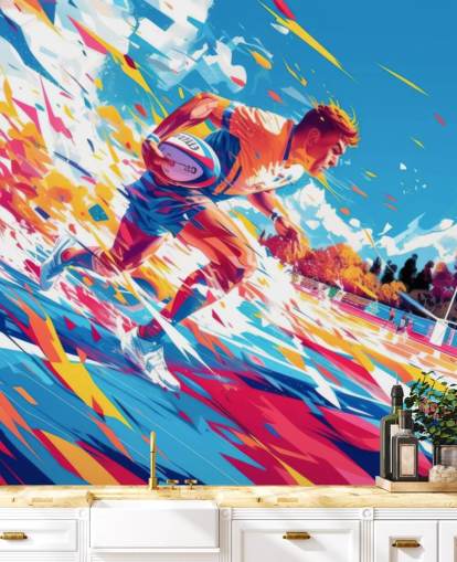 red and blue rugby wall mural called Rugby Sprint for teen's bedrooms and gyms