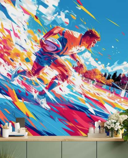 fresque murale de rugby rouge et bleue appelée Rugby Sprint pour les chambres d'adolescents et les gymnases