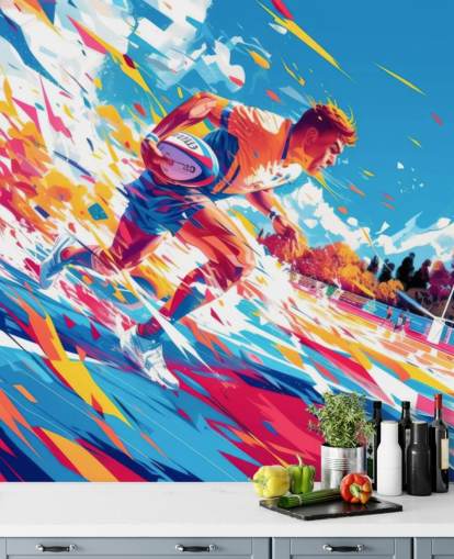 rotes und blaues Rugby-Wandbild namens Rugby Sprint für Jugendzimmer und Fitnessstudios