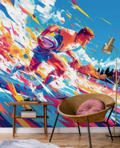 red and blue rugby wall mural called Rugby Sprint for teen's bedrooms and gyms