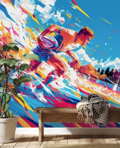 fresque murale de rugby rouge et bleue appelée Rugby Sprint pour les chambres d'adolescents et les gymnases