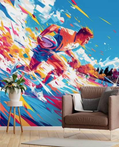 red and blue rugby wall mural called Rugby Sprint for teen's bedrooms and gyms
