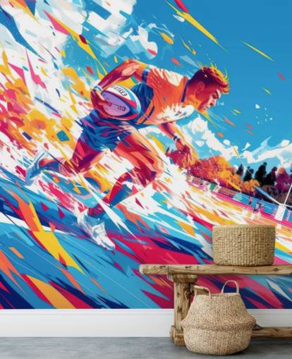 mural de pared de rugby rojo y azul llamado Rugby Sprint para dormitorios y gimnasios de adolescentes