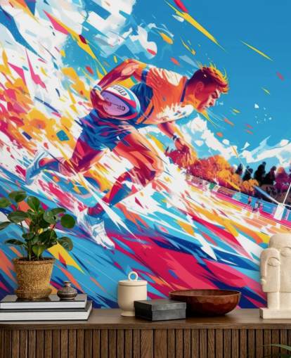 mural de parede de rugby vermelho e azul chamado Rugby Sprint para quartos e academias de adolescentes