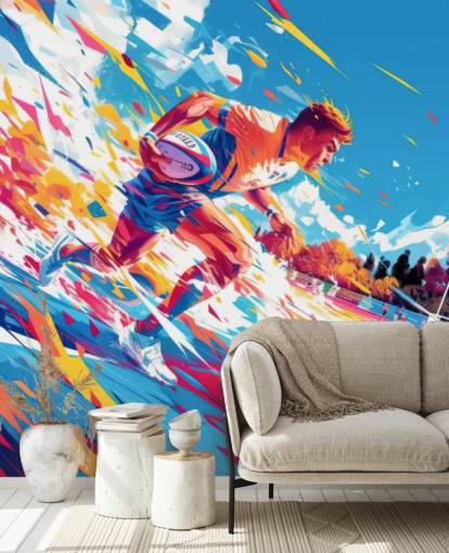 mural de pared de rugby rojo y azul llamado Rugby Sprint para dormitorios y gimnasios de adolescentes