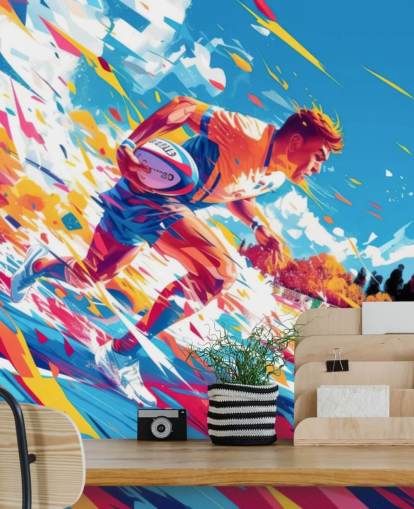 fresque murale de rugby rouge et bleue appelée Rugby Sprint pour les chambres d'adolescents et les gymnases fresque murale de rugby rouge et bleue appelée Rugby Sprint pour les chambres d'adolescents et les gymnases