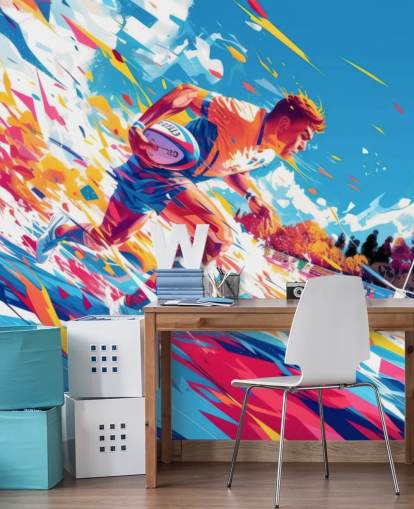 mural de parede de rugby vermelho e azul chamado Rugby Sprint para quartos e academias de adolescentes