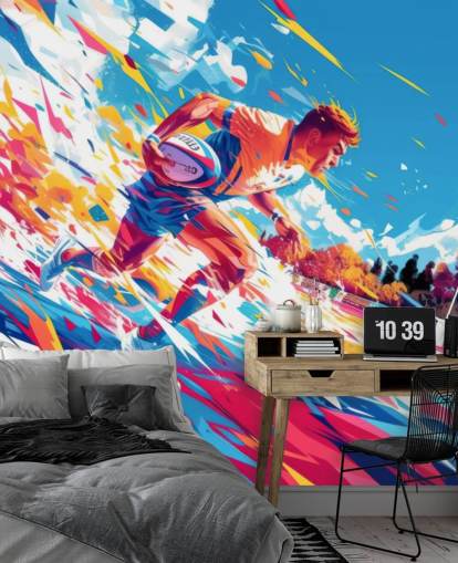 fresque murale de rugby rouge et bleue appelée Rugby Sprint pour les chambres d'adolescents et les gymnases